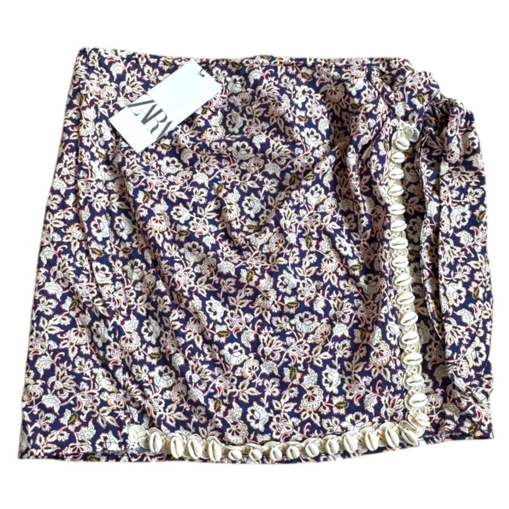 Zara Floral Mini Skirt XS Wrap Sarong Scarf Pareo Cowrie Shell Trim Navy Tie NWT